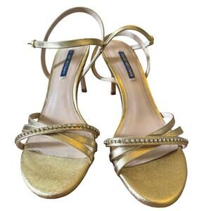 Stuart Weitzman Dressy Rhinestone Accent Wrap Sandal 3 1/2 Heel in Gold 10 VGUC